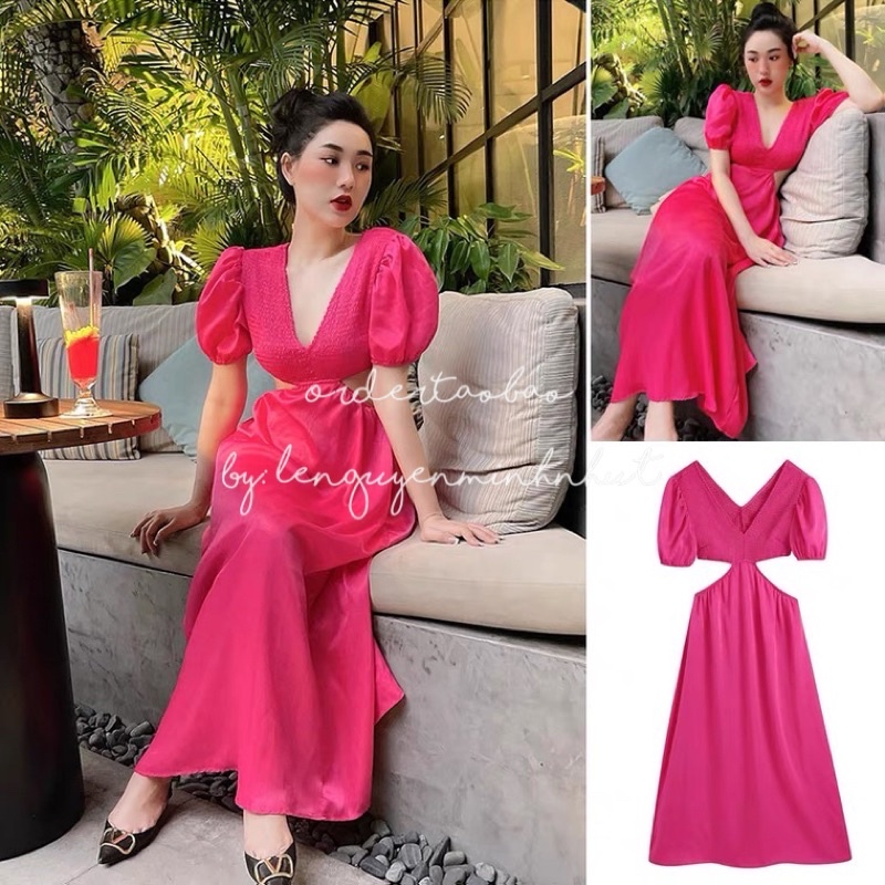 /order taobao/ Đầm Maxi Cổ V Khoét Eo Vải Lụa Nhũ