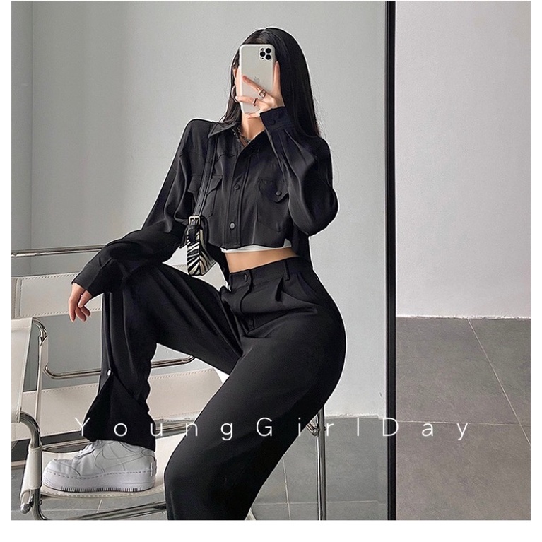 Set áo khoác somi sơmi sơ mi croptop tay dài quần âu cạp cao ống dài rộng phủ giày bấm khuy