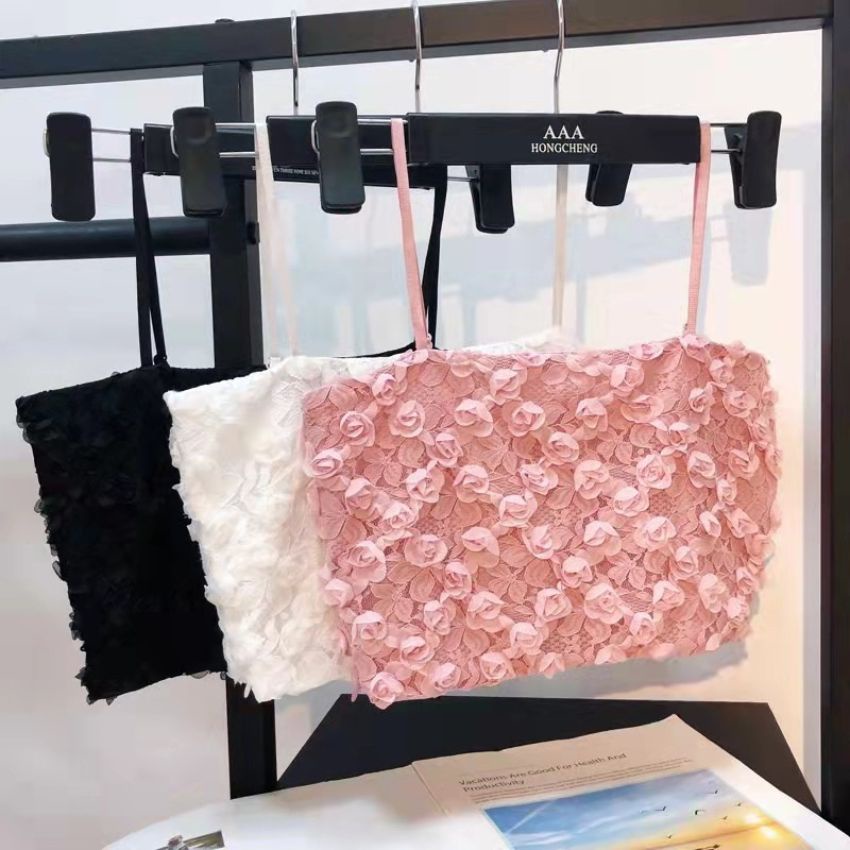 Áo bra nữ ren 2 dây hoa hồng thêu nổi công chúa, Áo Lót Cúp Ngang Họa Tiết Thêu Hoa Có Thun Bo Lưng Co Dãn B3653
