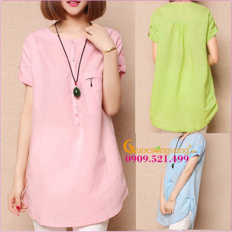 Áo nữ áo sơ mi nữ dáng dài dáng dài gai pha bông GLA030 xanh lá Cuocsongvang
