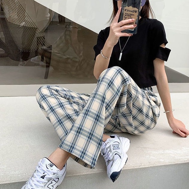 Quần Dài Nữ Ống Rộng Họa Tiết Caro Thời Trang Phong Cách