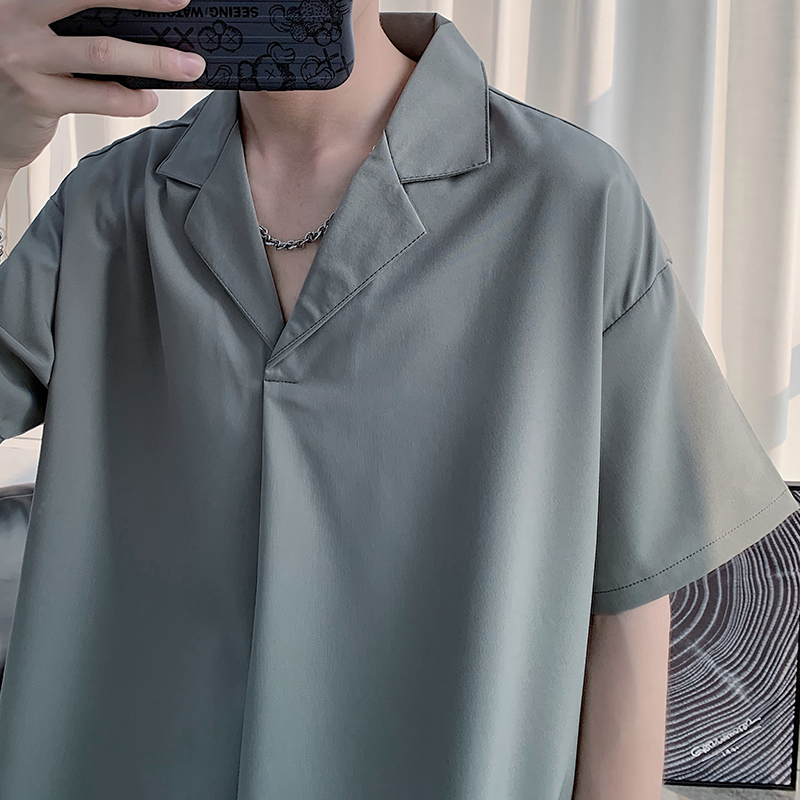 Áo thun nam thời trang Hàn Quốc cổ đứng màu trơn tay ngắn dáng rộng 2022 simple áo sơ mi nam ngắn tay