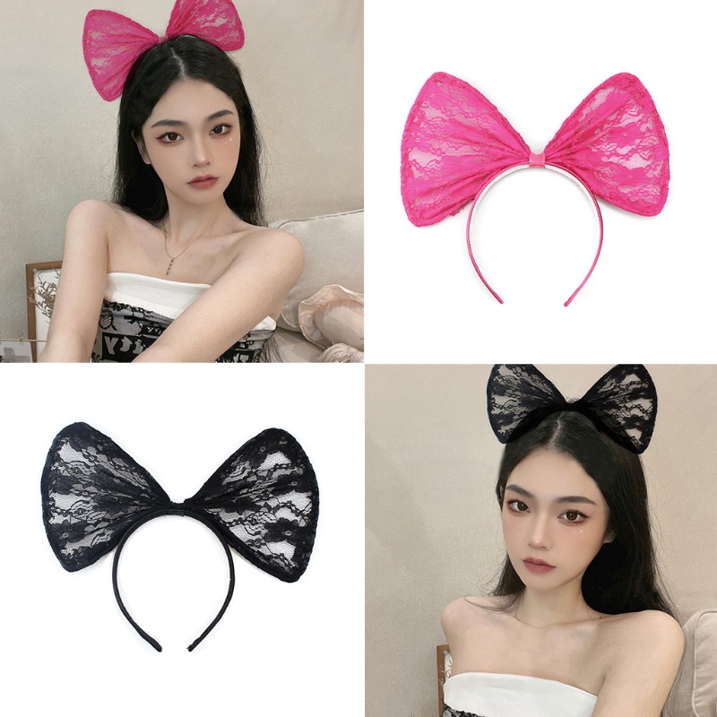 Băng Đô Cài Tóc Phối Nơ Ren Lưới Cỡ Lớn Thời Trang Cho Nữ