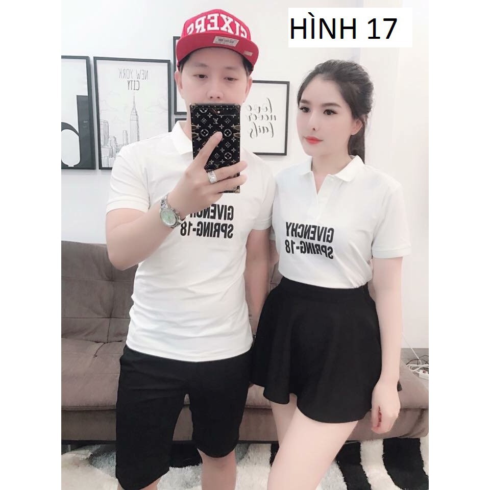 [S03] Áo thun cặp cổ trụ phối họa tiết hoa hàng chuẩn shop - AT017