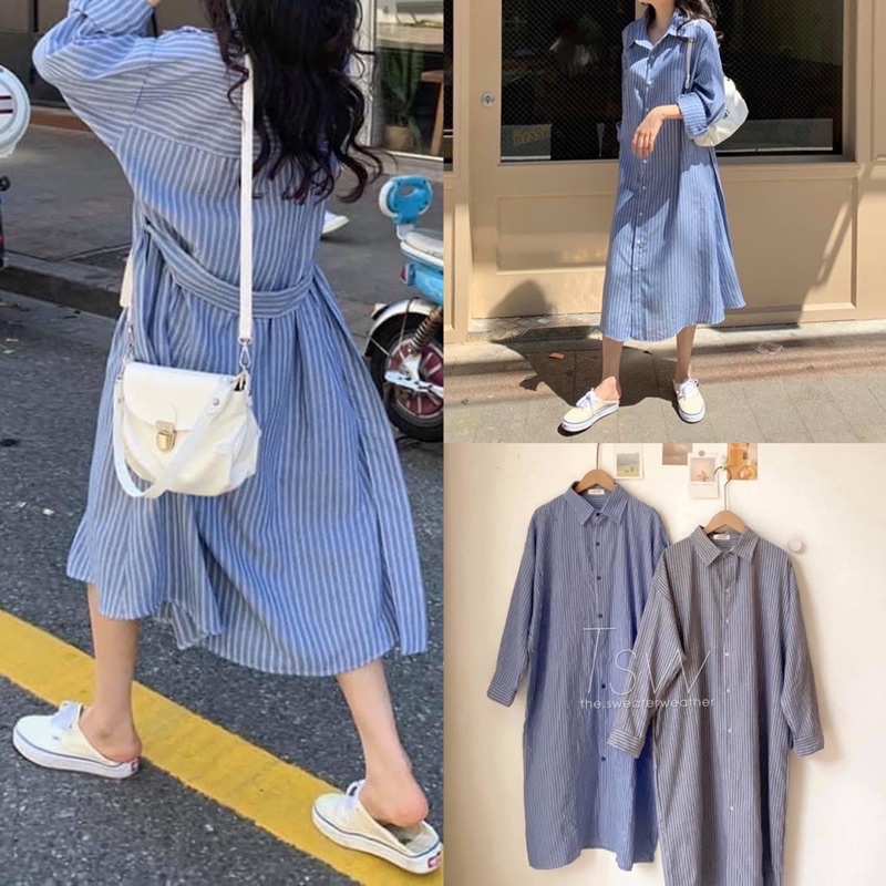 [Ảnh thật/Video]Váy kẻ dáng suông dài tay kèm đai mặc được hai kiểu Đầm kẻ basic Hàn Quốc
