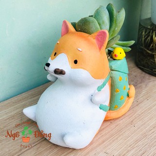 Chậu Cây Cảnh Mini Hình Chó Akita Bụng Phệ Đeo Túi Balo Trang Trí Văn Phòng Góc Học Tập