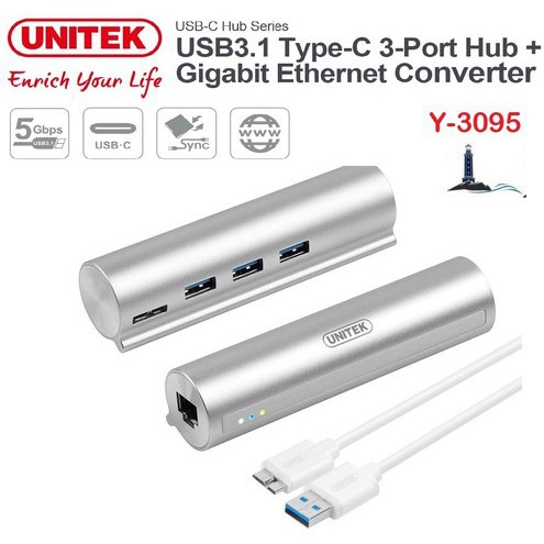 Hub USB 3.0 Bộ chia USB Type C 3.1 ra 3 cổng usb 3.0 + 1 cổng mạng RJ45 10/100/1000 Unitek Y3095