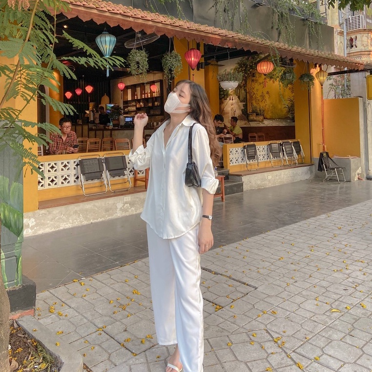 Set Sơ Mi Trắng Voan Lụa - Quần Ống Suông Cao Cấp Không Nhăn DMee