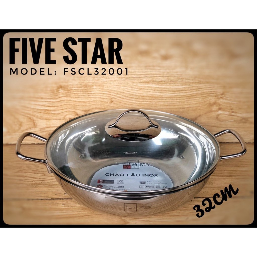 Chảo lẩu inox cao cấp 3 đáy Fivestar đường kính 32cm vung kính, chảo xào sâu lòng có nắp Five Star /HCH005