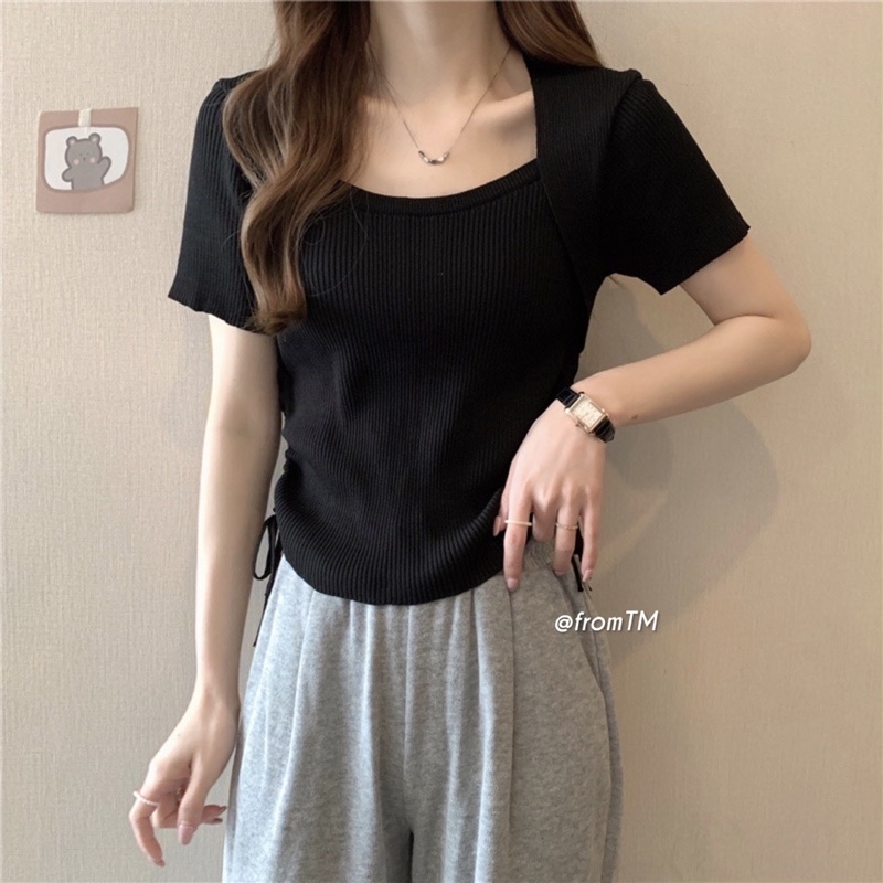 Áo len cổ vuông rút dây 2 bên