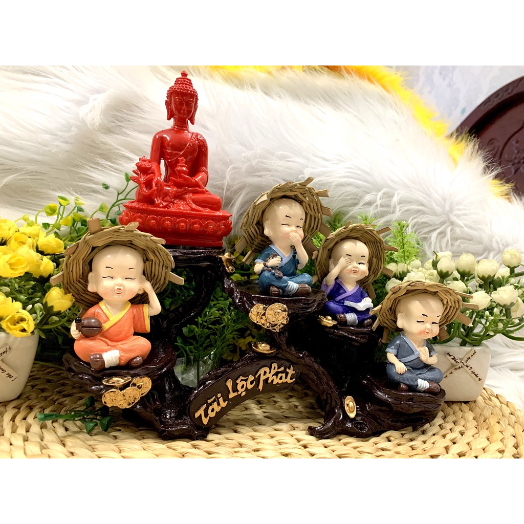 Full Set Phật Thích Ca cùng các chú tiểu Tứ Không tọa đế Tài Lộc Phát (Hình Thật)