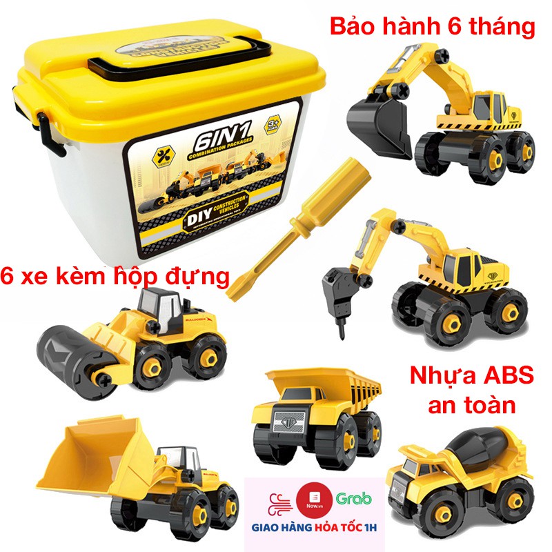 Xe ô tô đồ chơi bộ 6 xe công trình mô phỏng có lắp ráp kèm hộp đựng, nhựa ABS an toàn [Bảo hành 6 tháng]