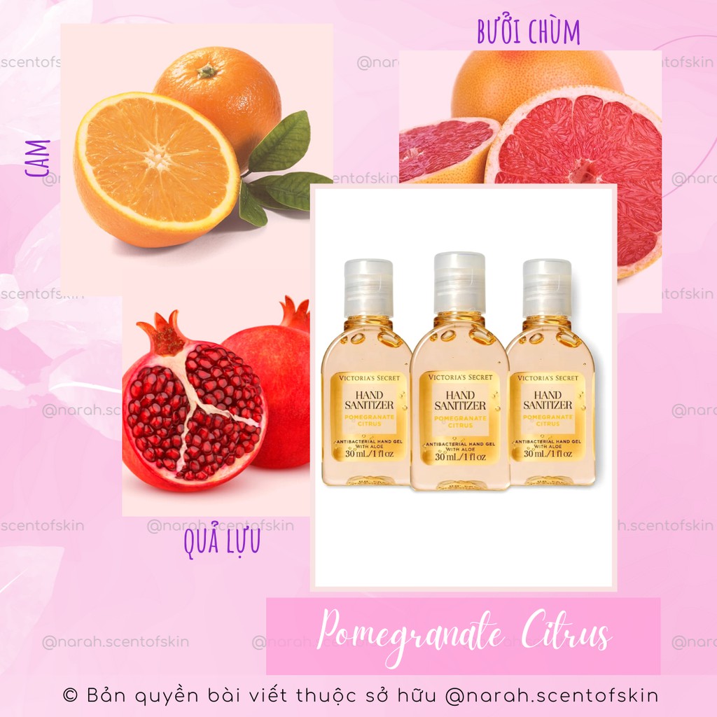 Nước rửa tay khô hương nước hoa Victoria & Pink mùi Pomegranate Citrus 30ml, kháng khuẩn, dưỡng da - Narah ScentOfSkin