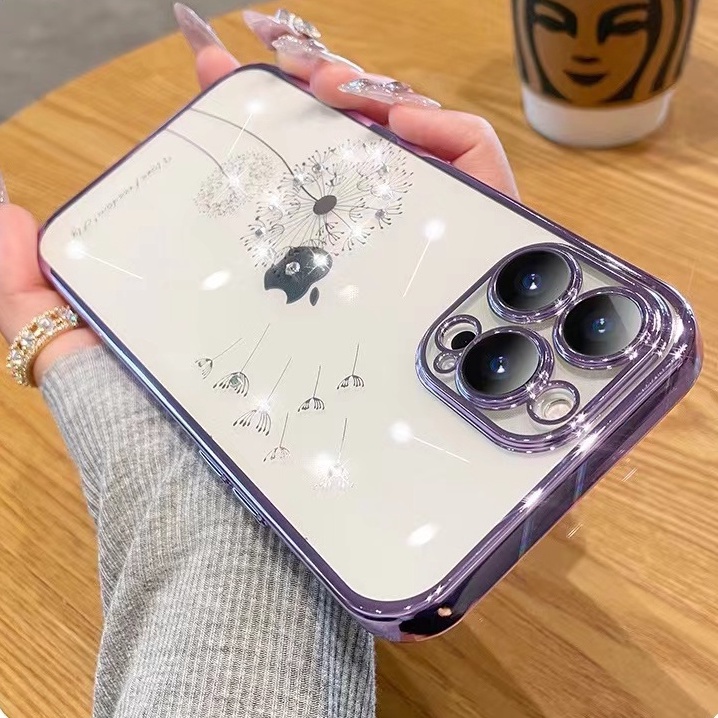 Ốp Điện Thoại Silicon Trong Suốt Họa Tiết Hoa Bồ Công Anh Đính Đá Chống Sốc Cho iPhone 13 12 11Promax XS Xr XSMAX