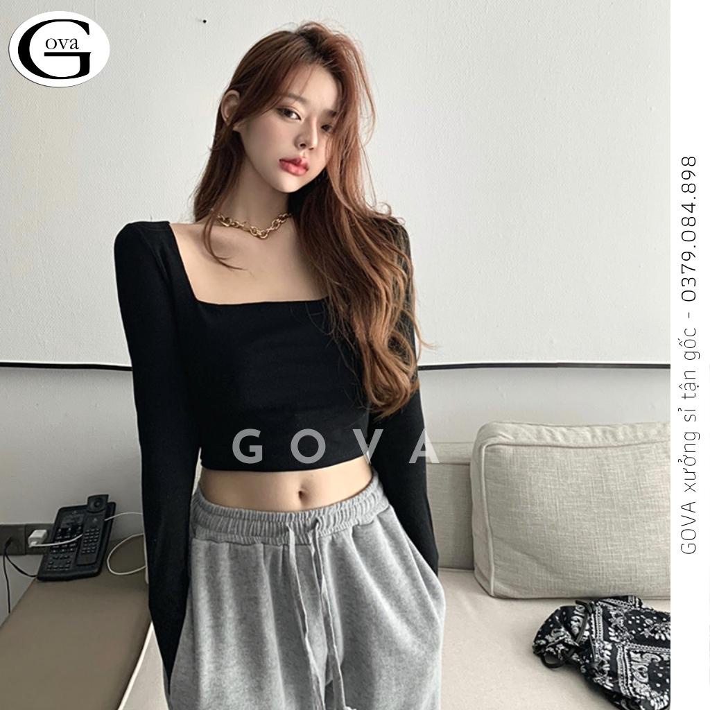 Áo Cổ Vuông Tay Dài Croptop, Áo Kiểu Vải Thun Cotton Cao Cấp Mịn Co Giãn Tốt GOVA