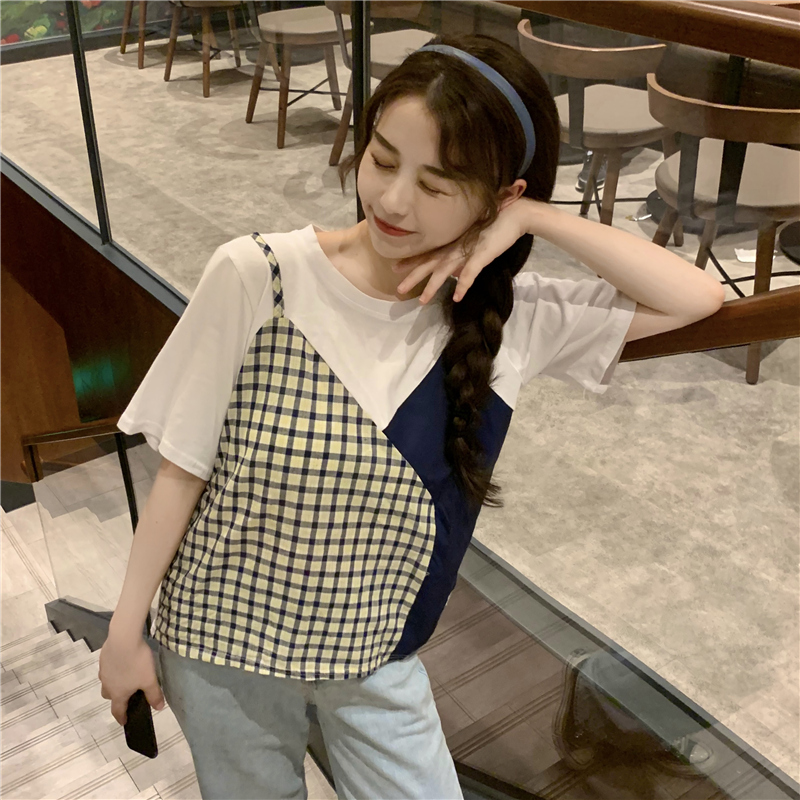 Áo Thun Ngắn Tay Phối Áo Ca Rô Trẻ Trung Dành Cho Nữ