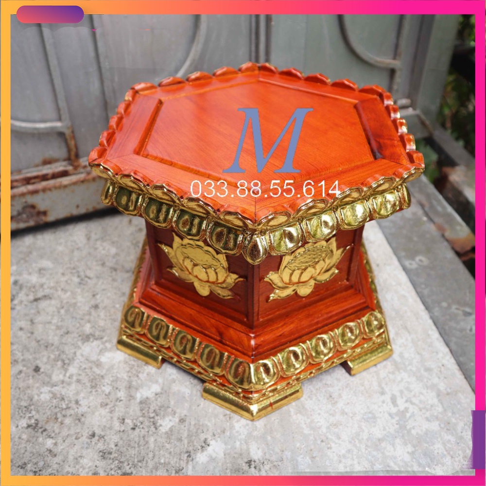 Đôn lục giác hoa sen giáp vàng,đế chân loa kê tượng gỗ hương cao 20cm