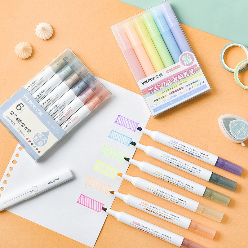 Bộ 6 bút dạ quang 6 màu highlight pastel , bút đánh dấu 2 đầu nhớ dòng cute sáng tạo nhiều màu marker 12 mẫu