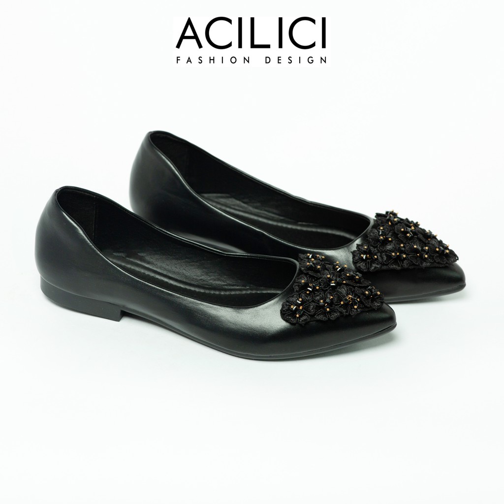 Giày búp bê nữ ACILICI hoa nhí thời trang, da bóng gót vuông đế bằng mang êm chân mũi đính hoa màu đen_TC022 | BigBuy360 - bigbuy360.vn