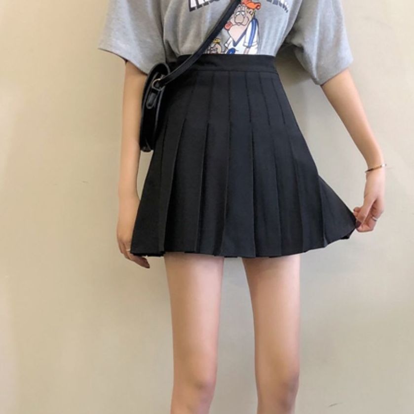 Chân Váy Chữ A Lưng Cao Xếp Ly Màu Trơn Quyến Rũ Cho Nữ