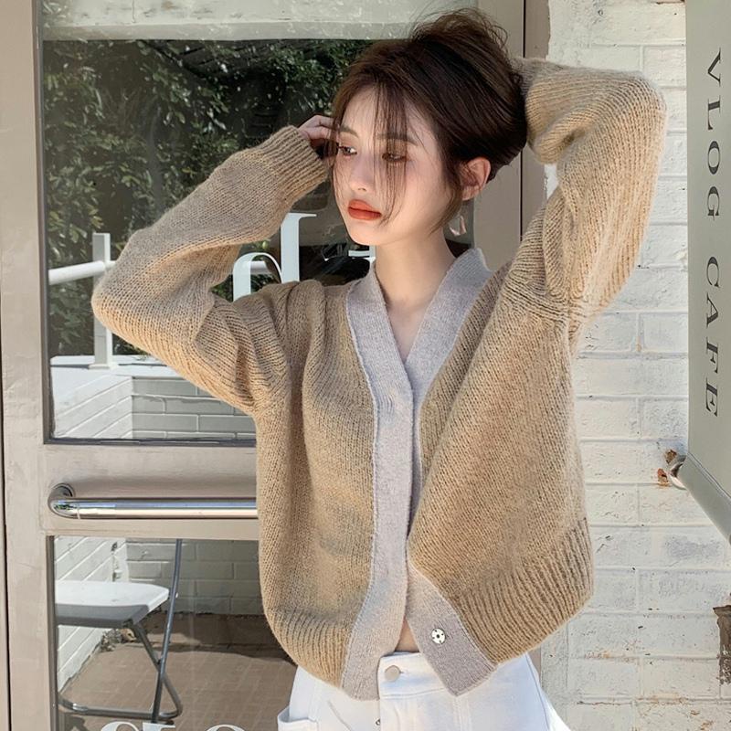 Áo khoác Cardigan dệt kim cổ chữ V phong cách Retro Hong Kong mới cho nữ