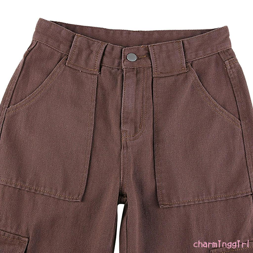 Quần jean denim dài ống rộng lưng cao may ghép túi màu trơn thời trang Hàn Quốc dành cho bạn nữ
