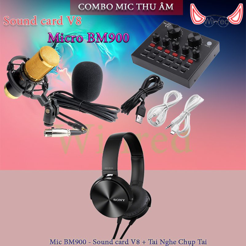 BỘ MIC BM900 và SOUND CARD V8 TAI NGHE CHỤP TAI Bản v8 tiếng anh có bluetooth hỗ trợ autu-tune