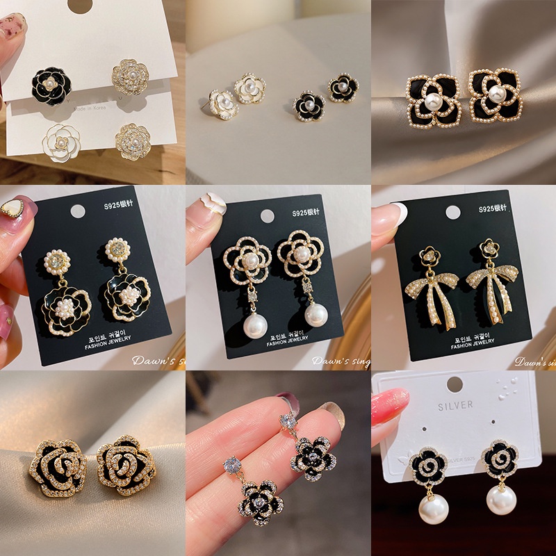 Bông Tai Mạ Bạc 925 Hình Hoa Trà Đính Ngọc Trai Phong Cách Retro