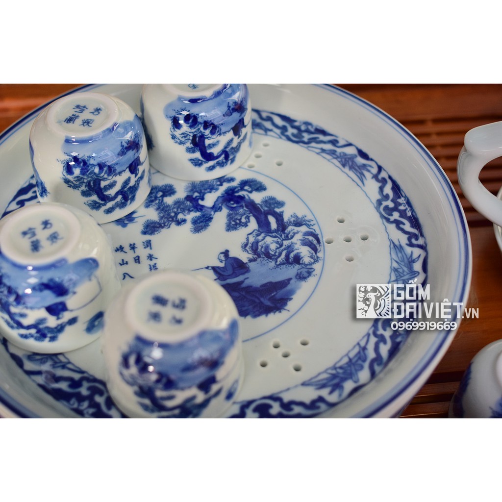 Bộ ấm chén men lam cổ Bát Tràng ông lão đánh cá khay tròn ấm chóp