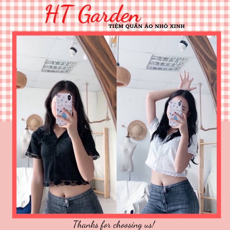 HT GARDEN - Áo croptop viền ren cộc tay đen, trắng ( ảnh thật)