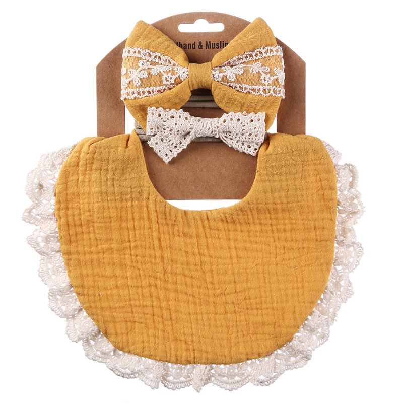 Set Khăn Yếm + Yếm Ăn + Băng Đô Bằng Vải Cotton Mềm Phối Ren Dành Cho Bé Sơ Sinh