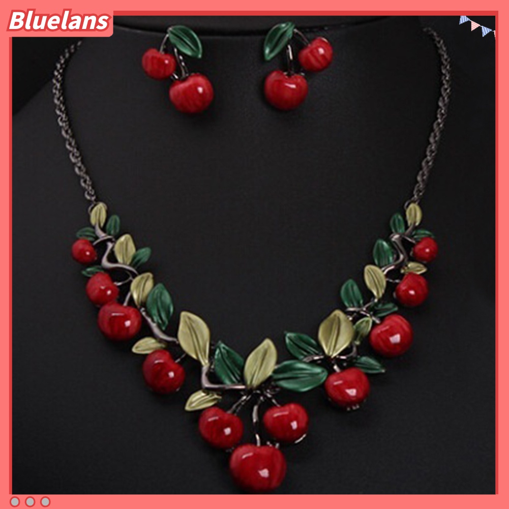 Bluelans♡ 1 Set Vòng cổ Và Bông Tai Hình Trái Cherry Đỏ Phong Cách Cổ Điển