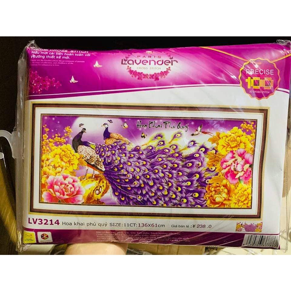 Tranh thêu chữ thâp hoa khai phú quý KT:136x61cm,Tranh chưa thêu .Tặng kéo và xỏ chỉ