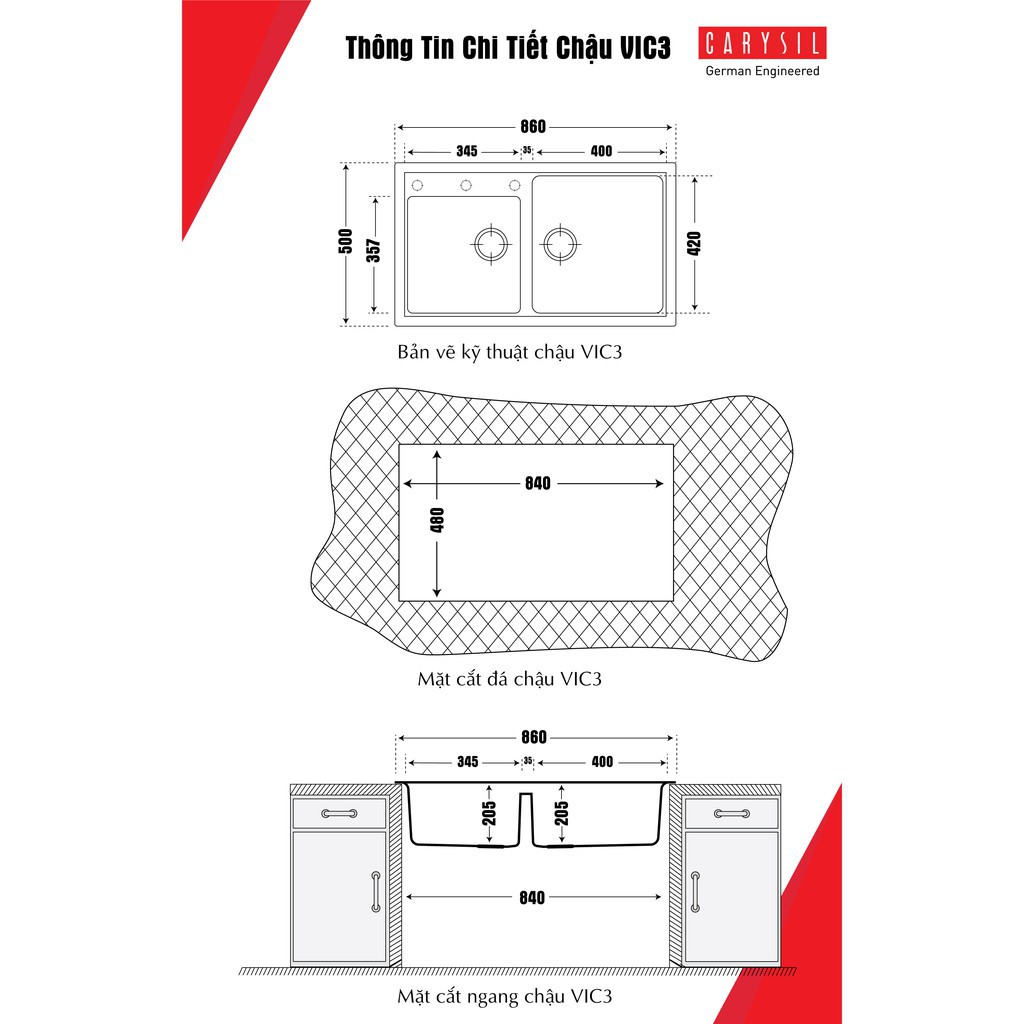 Chậu Rửa Chén Granite CARYSIL VIC3-04 /860x500mm nhiều mầu