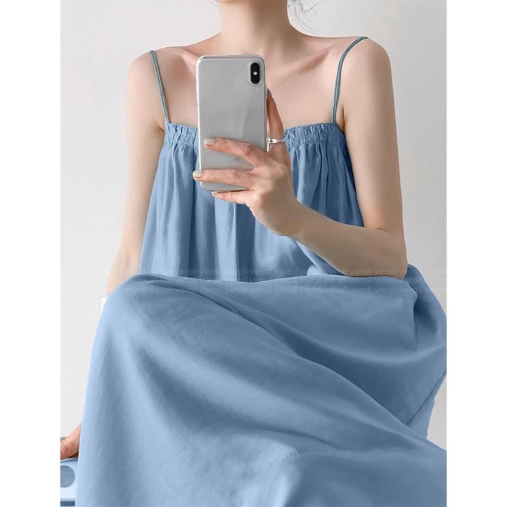 Đầm maxi 2 dây dáng thon dài rộng chun ngưc, váy 2 dây đi biển bầu bí mặc thoải mái hàng đẹp trendy - nội y xanh