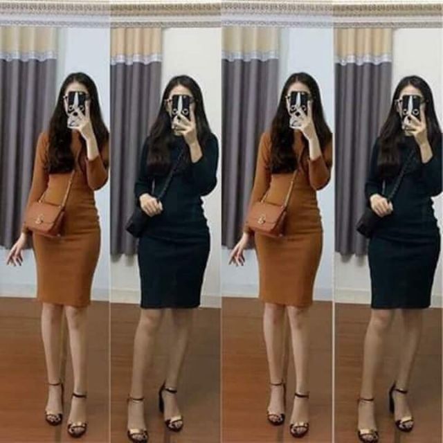 Đầm thun gân body tay dài