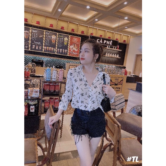 Áo sơmi voan chữ hạt nhũ hàng QCL1