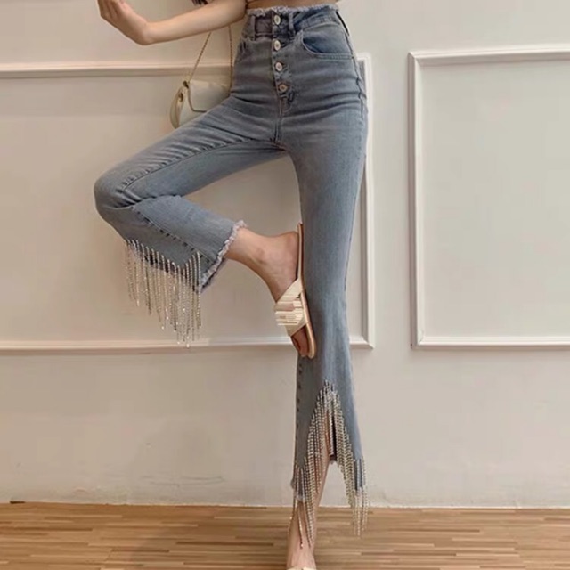 (ORDER) Quần jeans cạp cao ống quần tán đá tua rua