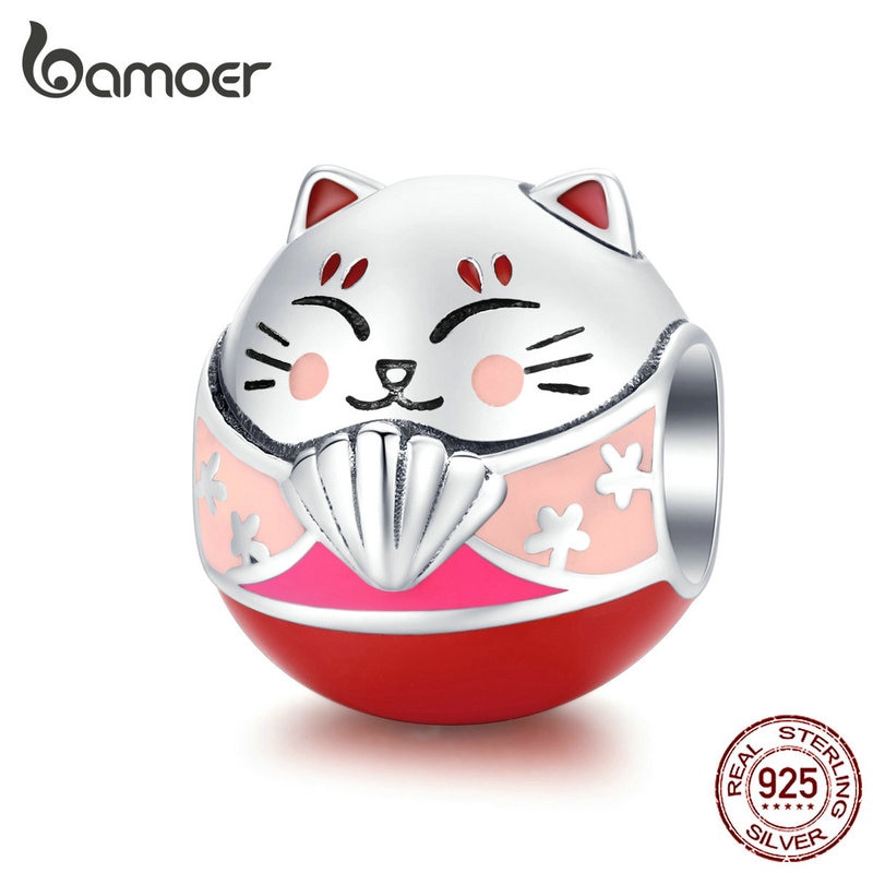 Hạt charm Bamoer chất liệu mạ bạc 925 hình dạng mèo nhật bản tự làm trang sức