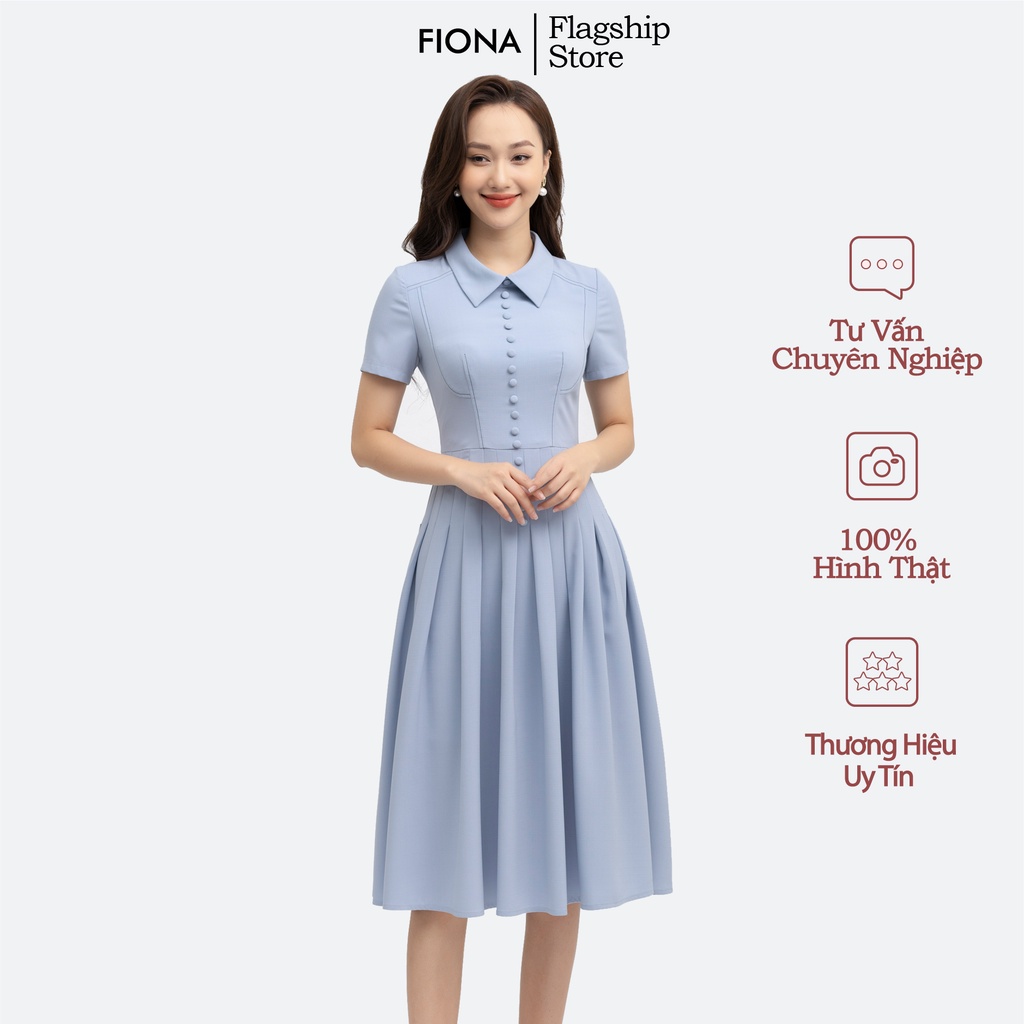 Đẩm xòe công sở cổ đức, váy thiết kế thanh lịch đính cúc bọc trang trí, Đen FIONA F452272