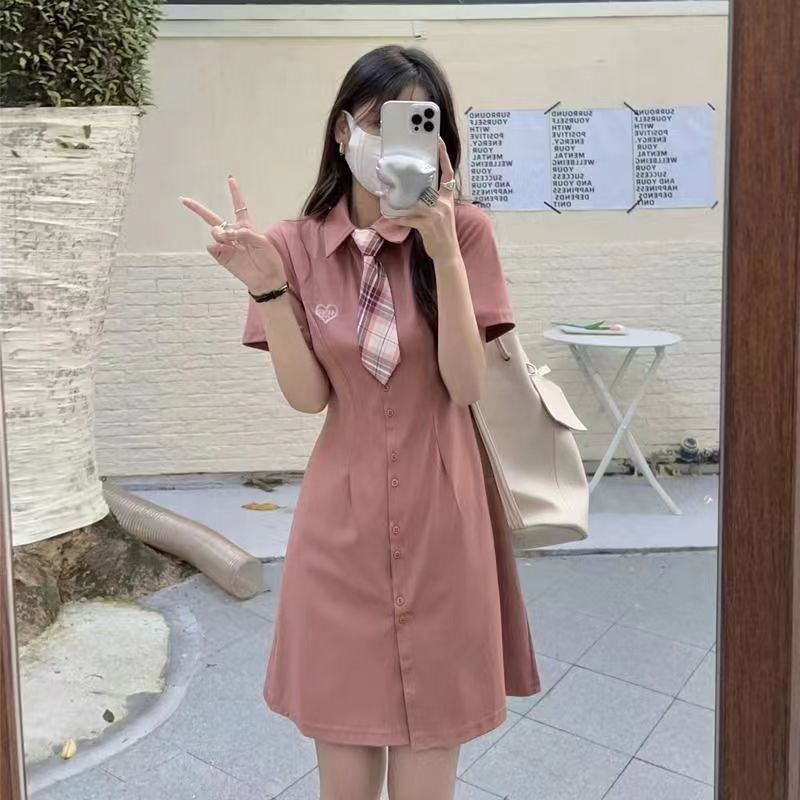 Váy đầm cổ POLO đen hồng be cúc dài tay ngắn phong cách Hàn Quốc MS2288