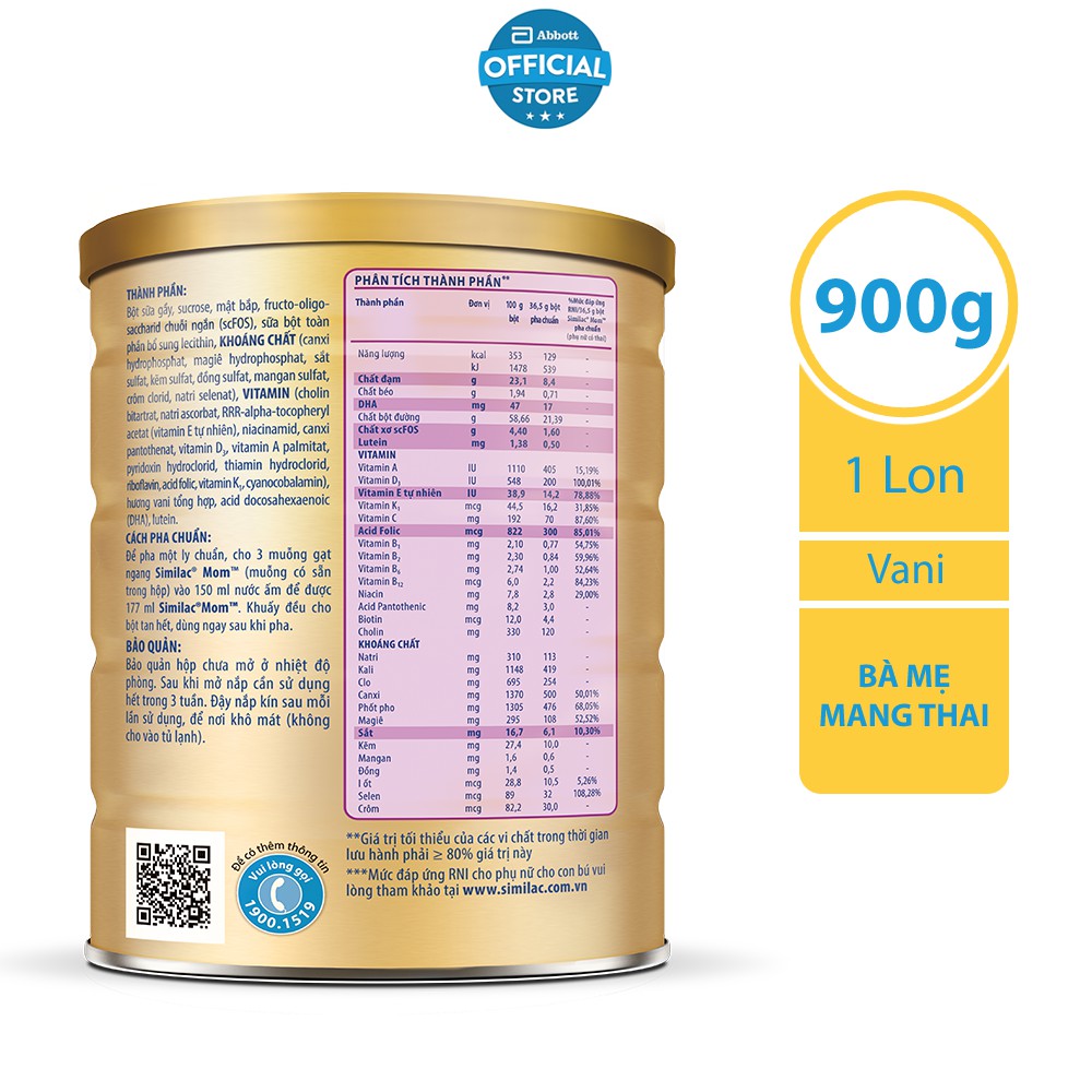 Sữa bột Similac Mom IQ 900g hương vani