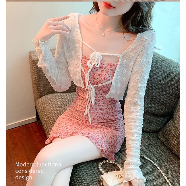 [Sẵn từ S - XL] Áo khoác voan đũi hoa form ngắn tay dài thắt dây - đi tiệc - đi biển - dạo phố - văn phòng
