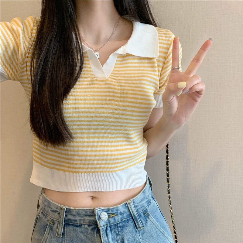 Áo Thun polo Dệt Kim Ngắn Tay Họa Tiết Kẻ Sọc Đơn Giản Thời Trang Mùa Hè Cho Nữ
