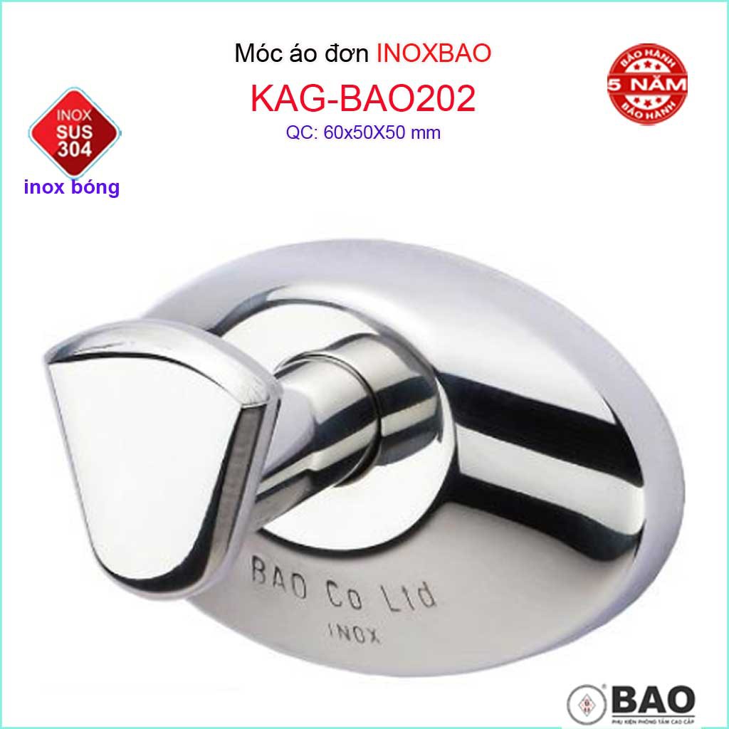 Móc đơn Inox Bảo KAG-BAO202, móc treo đồ nhà tắm SUS304 đế oval thiết kế đẹp sang trọng gọn gàng