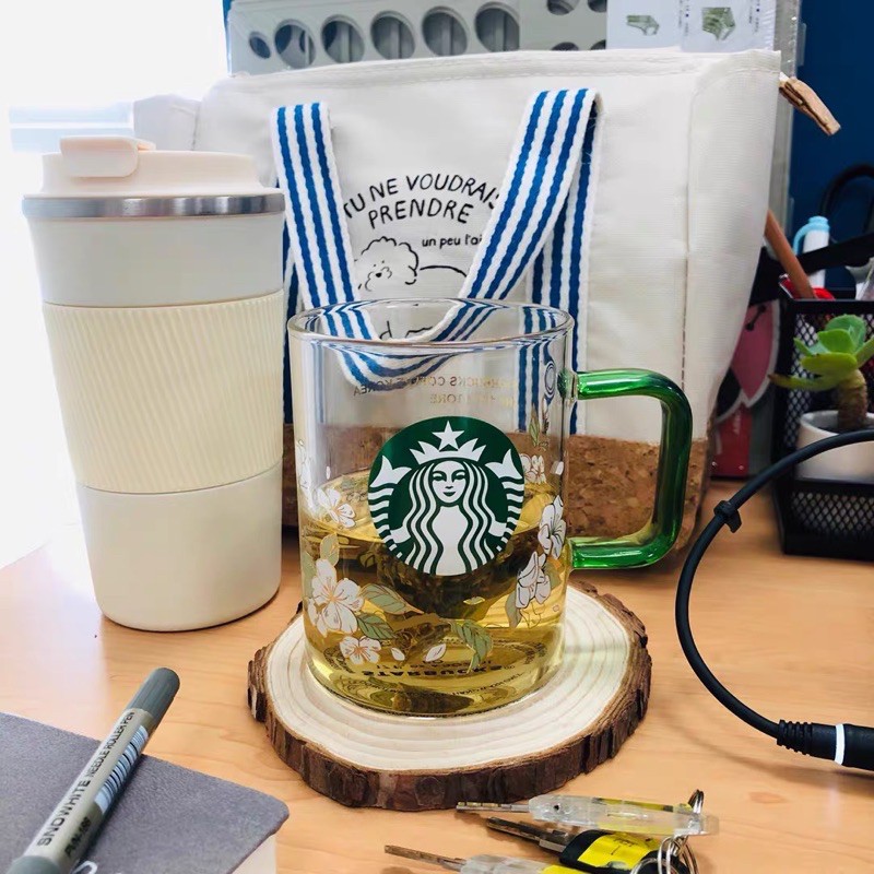 Ly cốc STARBUCKS thuỷ tinh Korea 2020 họa tiết hoa dung tích 500ml