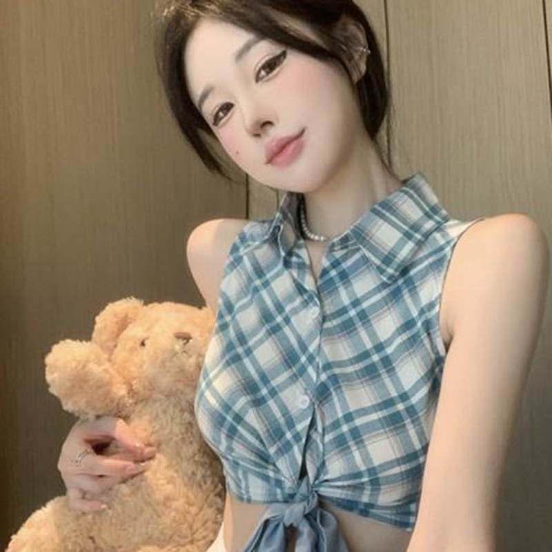 Áo sát nách ngắn IELGY họa tiết sọc caro phong cách retro thời trang cho nữ