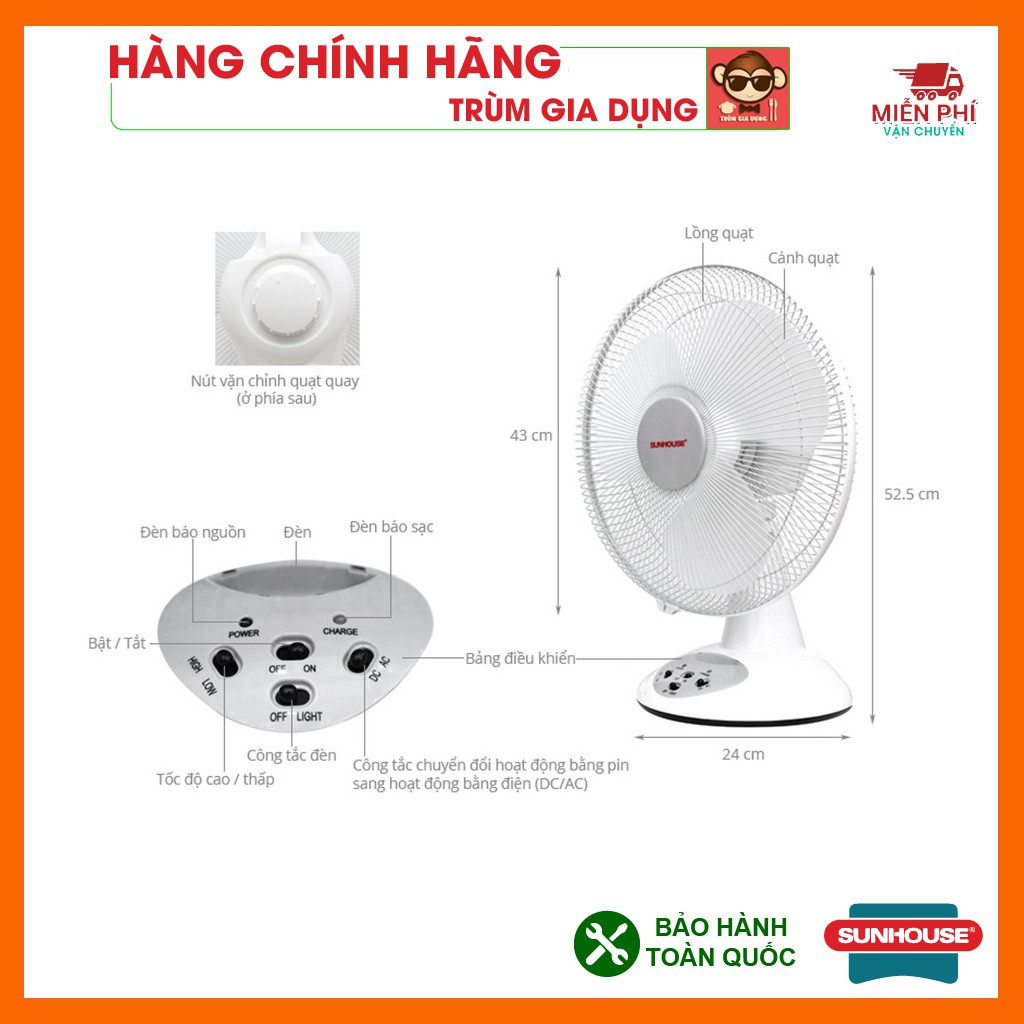 Quạt tích điện, quạt tích điện mini Sunhouse SH722, pin sạc chất lượng cao, động cơ bằng đồng, gió mạnh, máy bền.