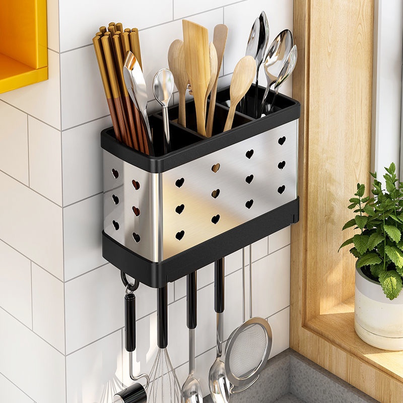 Ống Đựng Đũa Muỗng Inox 304 Có Khay Hứng Nước - Ống Đũa Giá Cài Dao Treo Tường Không Cần Khoan Đục MKS043