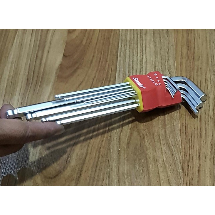 BỘ LỤC GIÁC ĐẦU BI 9 MÓN THÉP MỜ Vỉ Nhựa Màu Đỏ Gấp Gọn